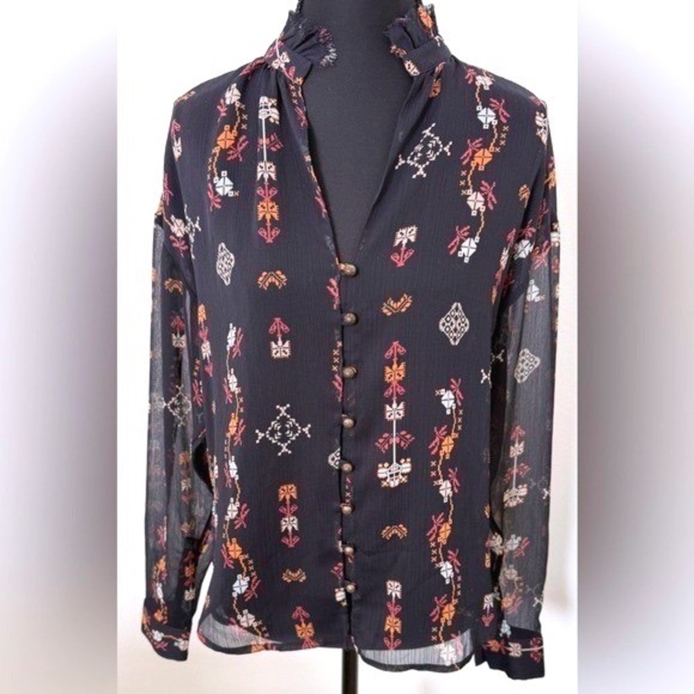 Anthropologie Pilcro Black Floral Geometric Sheer Boho Ruffle Neck Blouse XS⁠